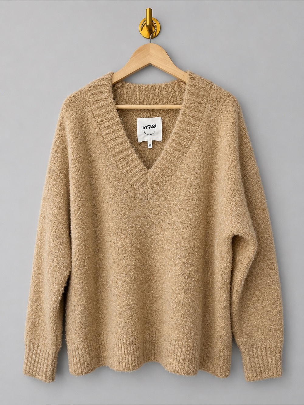aerie Cozy V-Neck Sweater in Camel